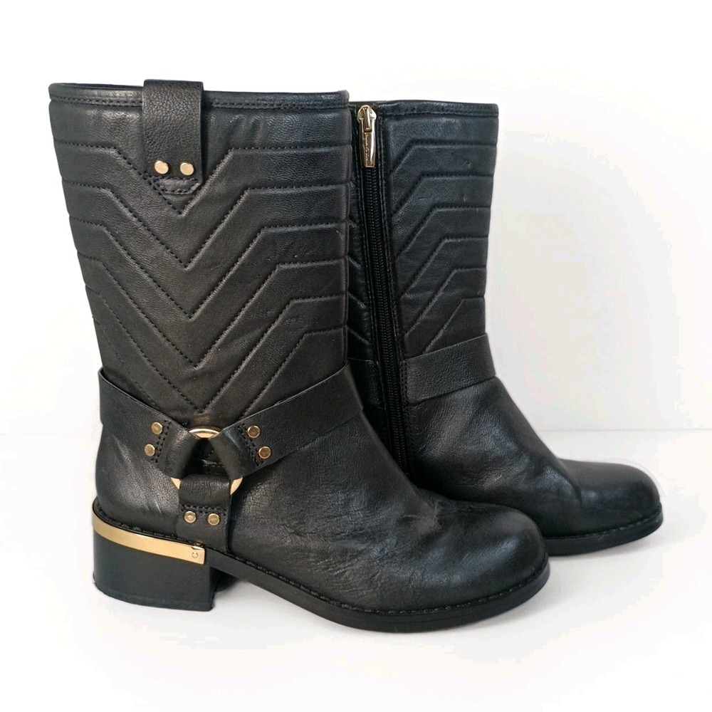 Vince Camuto Wadima Leather Biker Moto Ankle Boots 7M Gold Hardware